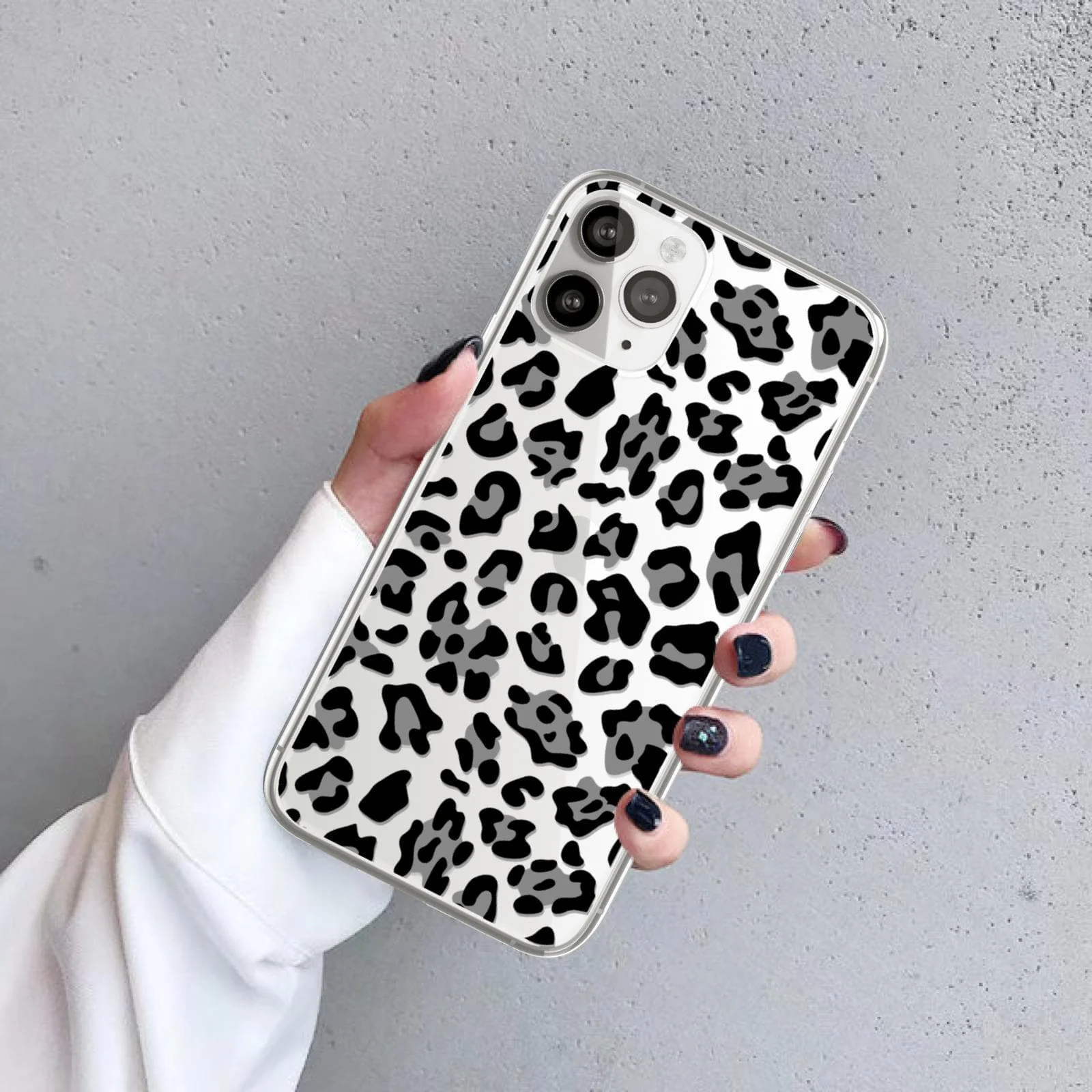 Grey Leopard Animal Print Clear Phone Case - Image 3
