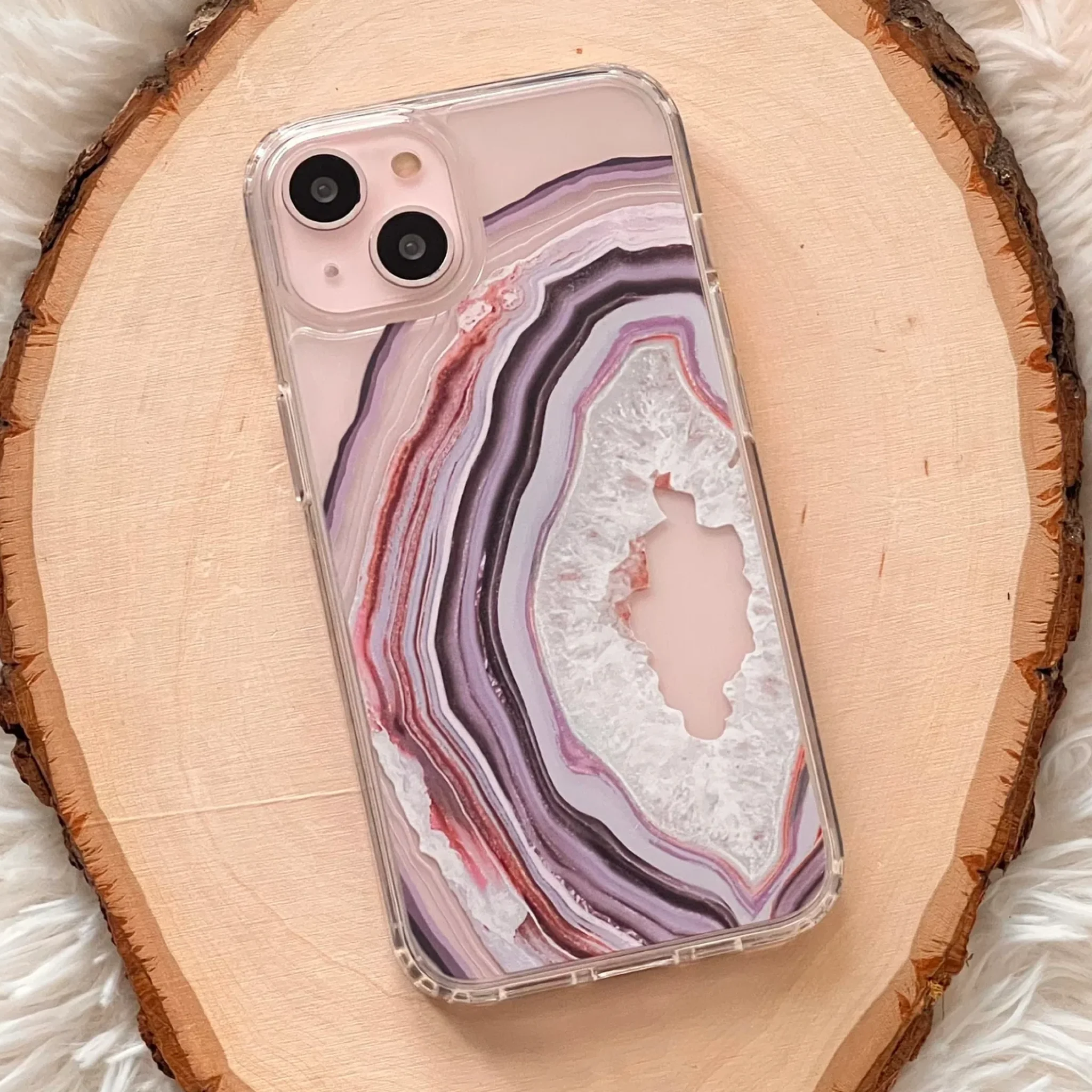 Pink Lilac Agate Geode Slice Clear Phone Case - Image 6